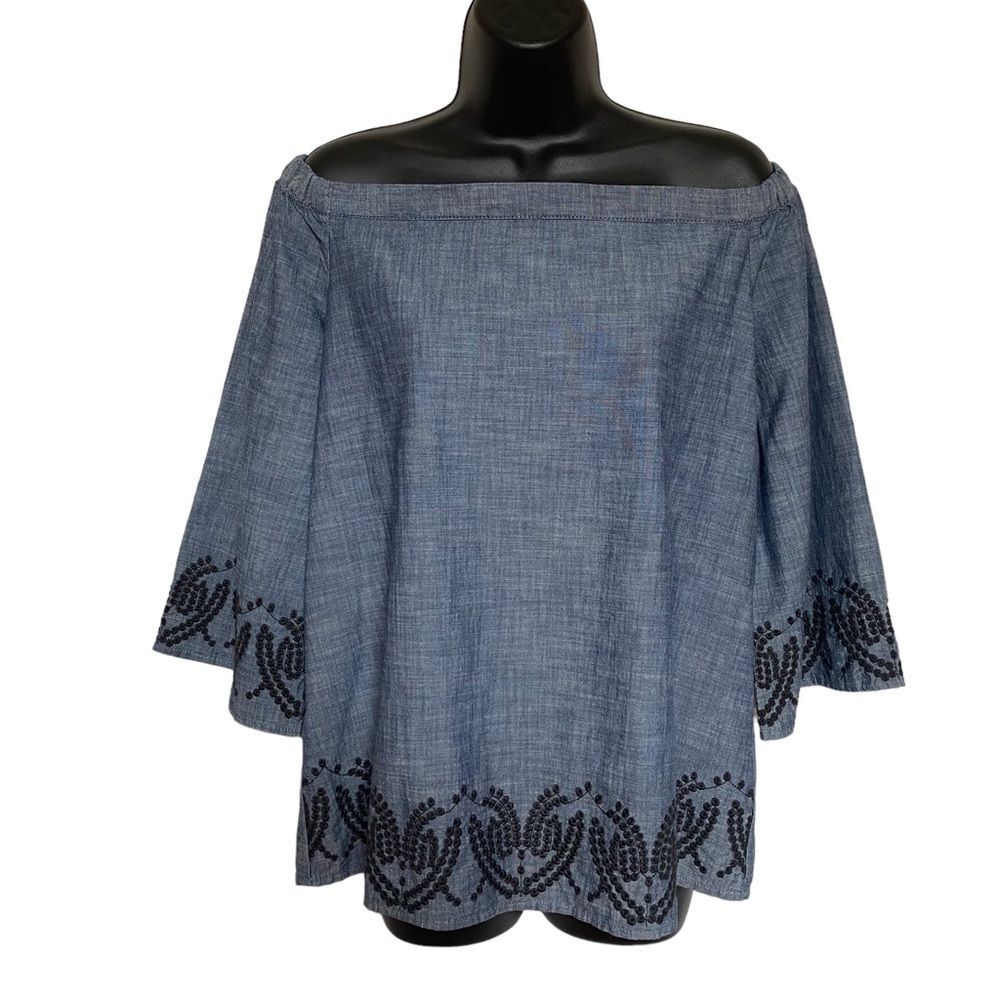 NWT Calvin Klein 100% Cotton Embroidered Off the Shoulder Top Blouse Blue Sz M